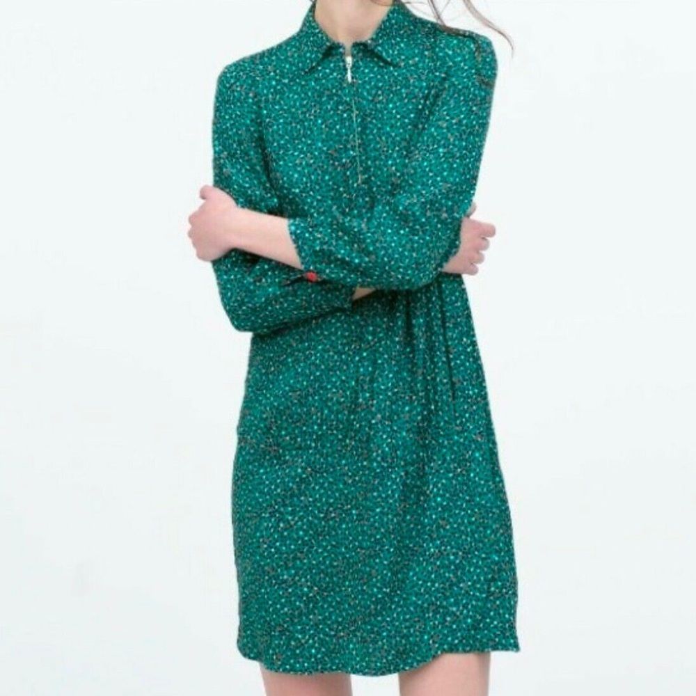 Zara Basic Crepe Green Polka Dot Dress - Womens Small
